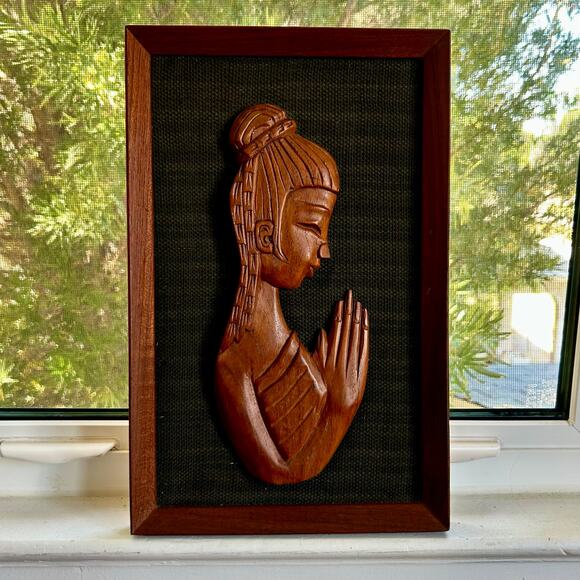 Vintage Hand-Carved Teak Woman Praying Buddha Wall Art, Prayer Pose Relief Panel - Picture 7 of 15